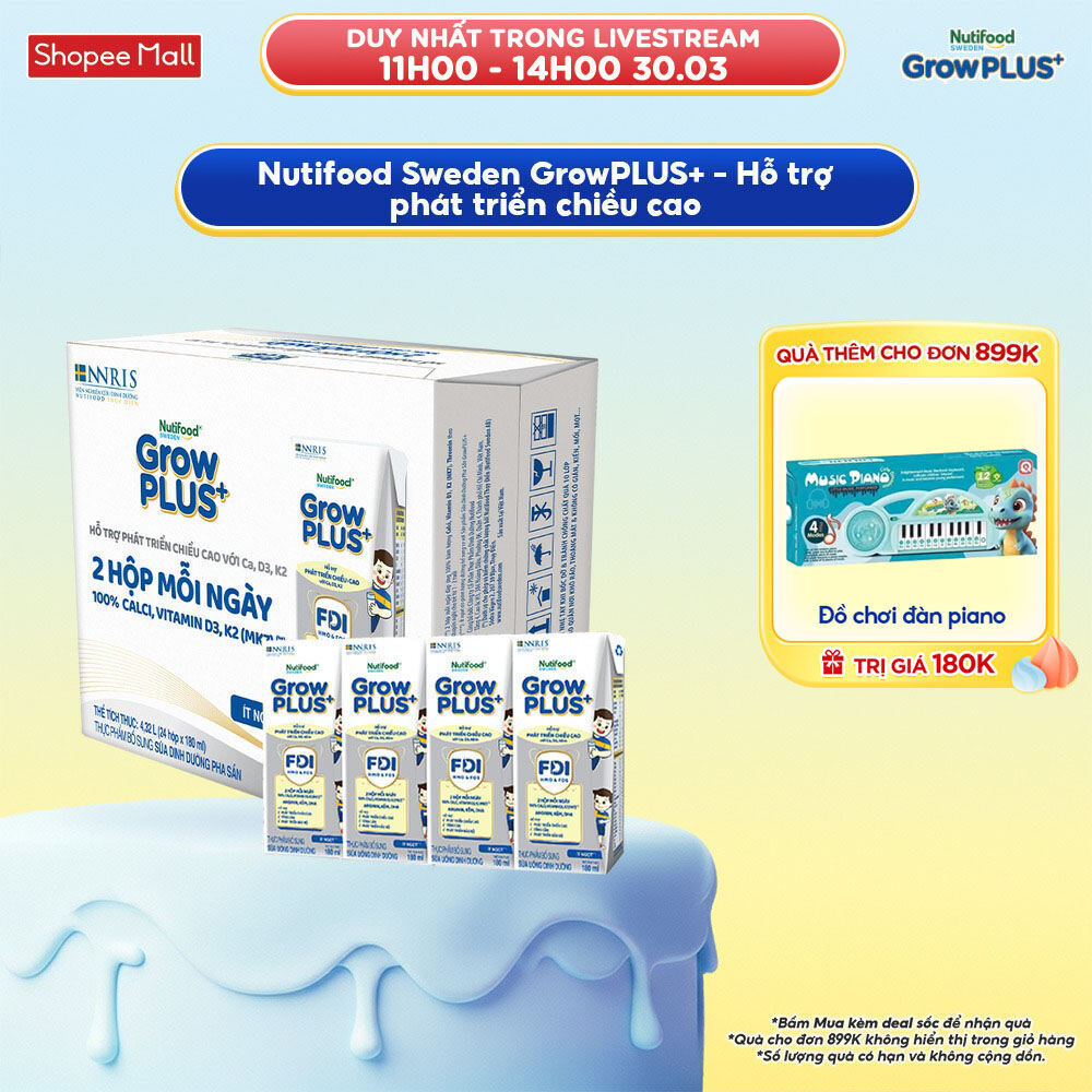 Thùng 24 hộp Sữa Bột Pha Sẵn Nutifood Sweden GrowPLUS+ Cao lớn vượt trội 24 hộp 180 ml