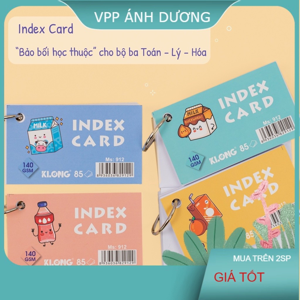 Tập thẻ index card Klong 85 tờ giấy 140gsm, flashcard học từ vựng 52x88mm còng thép ms 912