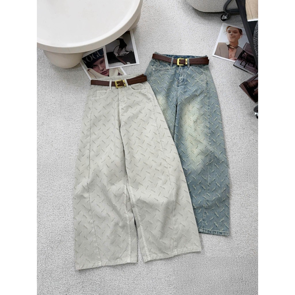 [Follow shop nhận mã 10k] Quần dài jeans denim bò suông vân xước kèm đai Meo Meo Shop QD1313 8571