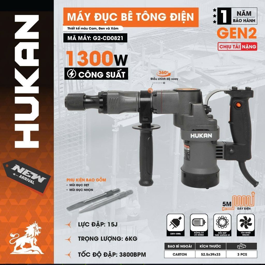 Máy đục bê tông HUKAN G2-CD0821, 17ly, Công suất 1300W, Tặng 2 mũi đục