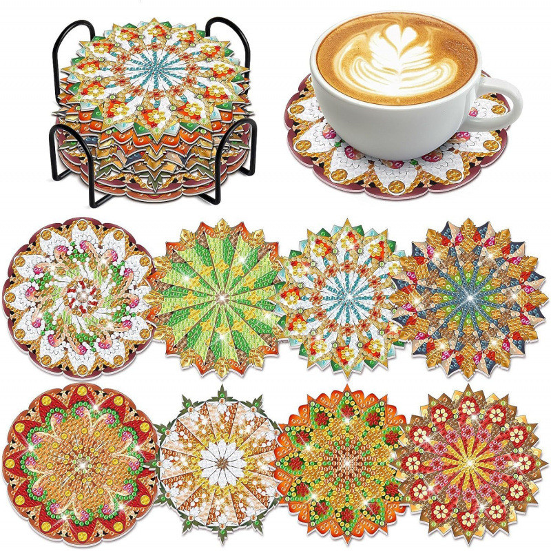 5D8 Miếng Thu Đông Mandala Tranh Gắn Đá Nghệ Thuật Coaster Có Giá Đỡ DIY Thu Đông Mandala Kim Cương 