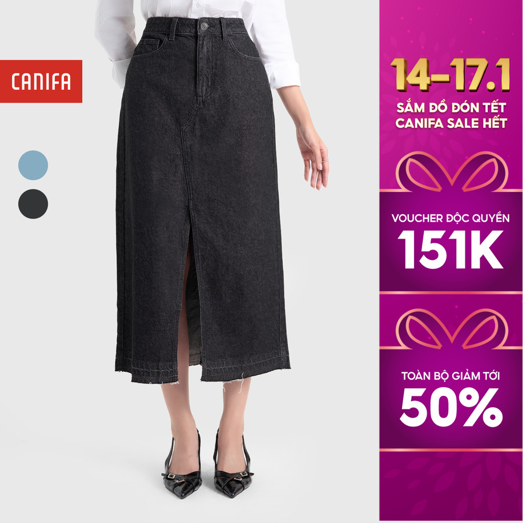 Chân váy jeans nữ dáng mixi xẻ tà CANIFA 6KS24W011