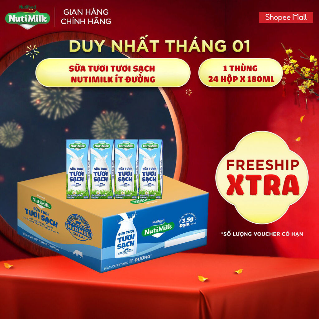 Thùng 24 Hộp Sữa Tươi Tươi Sạch NutiMilk Ít Đường Hộp 180ml