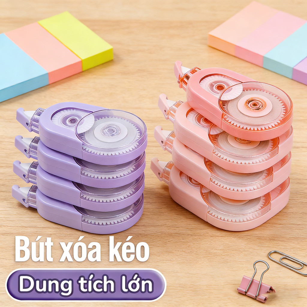 Bút xoá kéo học sinh màu pastel nhẹ nhàng, xóa mượt tay, xóa sạch rõ nét, Set 5 cuộn xoá 100m dùng l