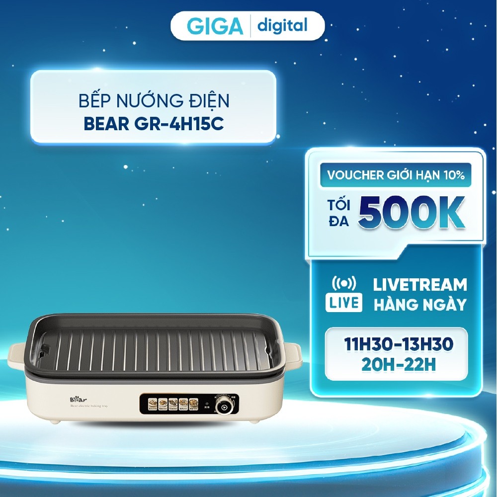 Bếp nướng điện Bear GR-4H15C 1500W - Nướng ít dầu, ít khói - Đa năng nướng, chiên, xào - BH 18 tháng