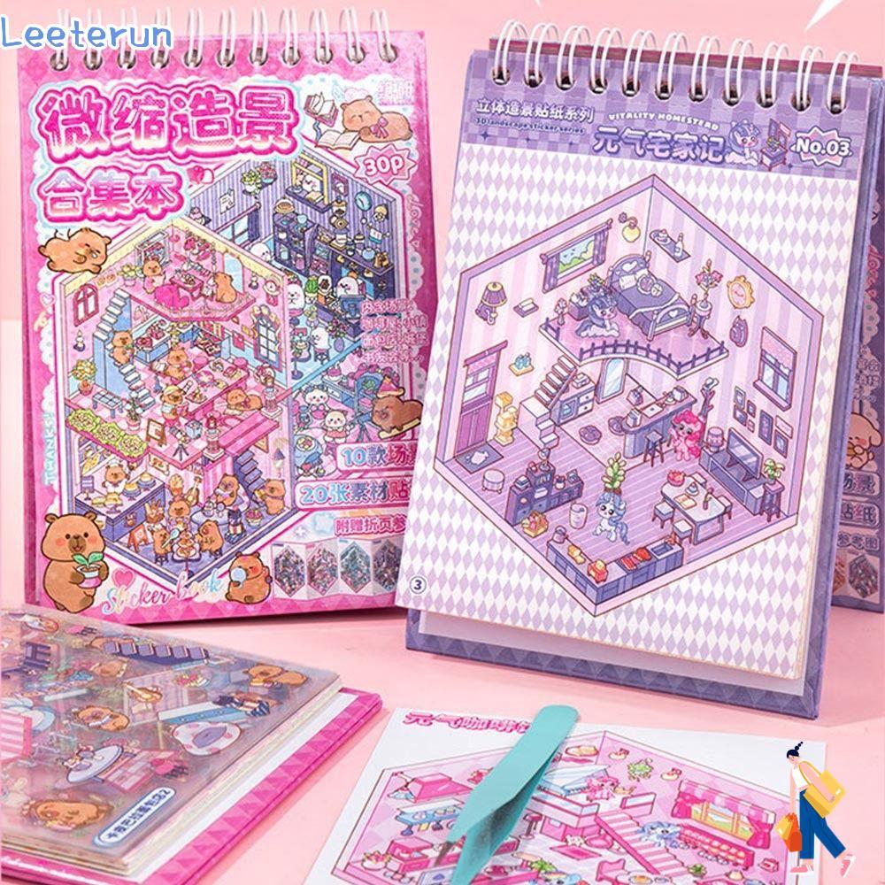 Leeeterun Bộ sưu tập cảnh thu nhỏ, Phim hoạt hình DIY Phong cảnh Sticker Book, PET Visual Stacking P