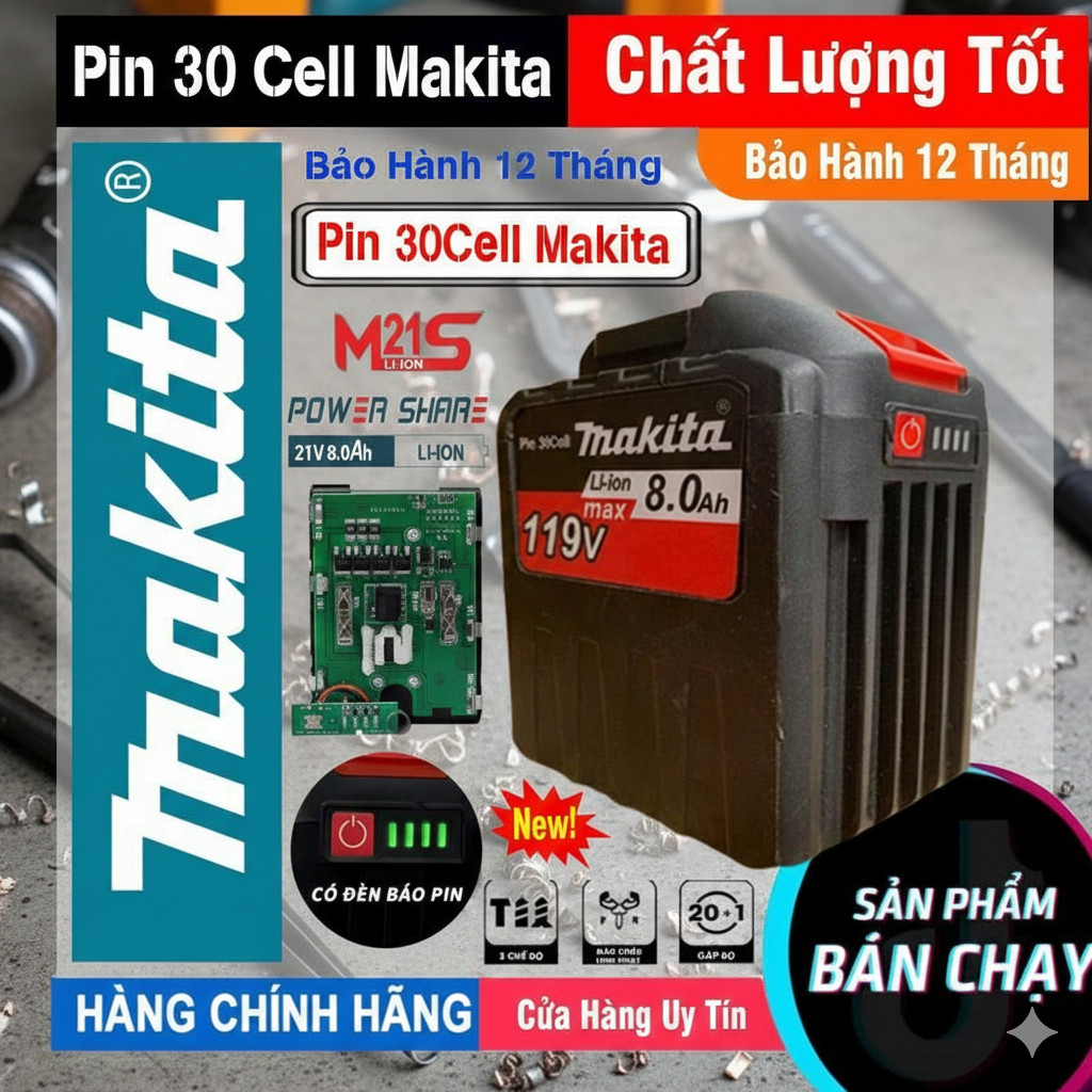 Pin Makita 30 Cell Chân 4cm - Có Đèn Báo 4 Cấp + Đế Sạc 20 Cell (Dùng Cho Máy Khoan/Siết Vít/Bulong)