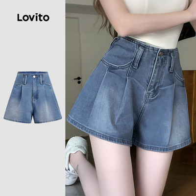 (Phong cách thường ngày) Lovito  Quần short denim thường xếp ly thư giãn xuân hè màu xanh cho nữ L179AD312