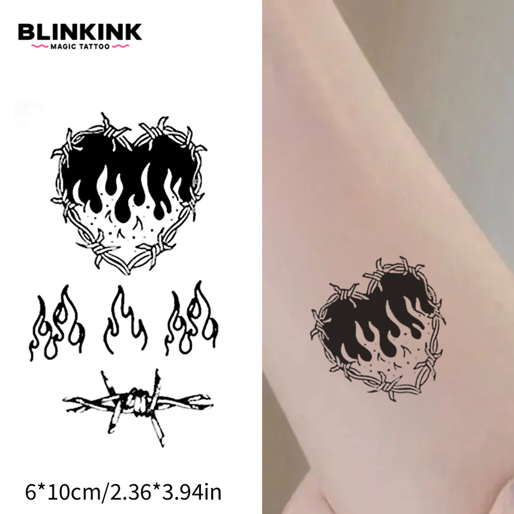 Hình Xăm Tạm Thời Ngọn Lửa và Trái Tim, Water-Resistant Up to 2 Weeks, Semi-Permanent Tattoo