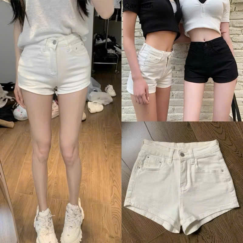 Quần Short nữ Lưng Cao Denim Vải Jaen Co Giãn Basic 2 màu Đen Trắng cho Nữ Cao Cấp Phong Cách Thời T