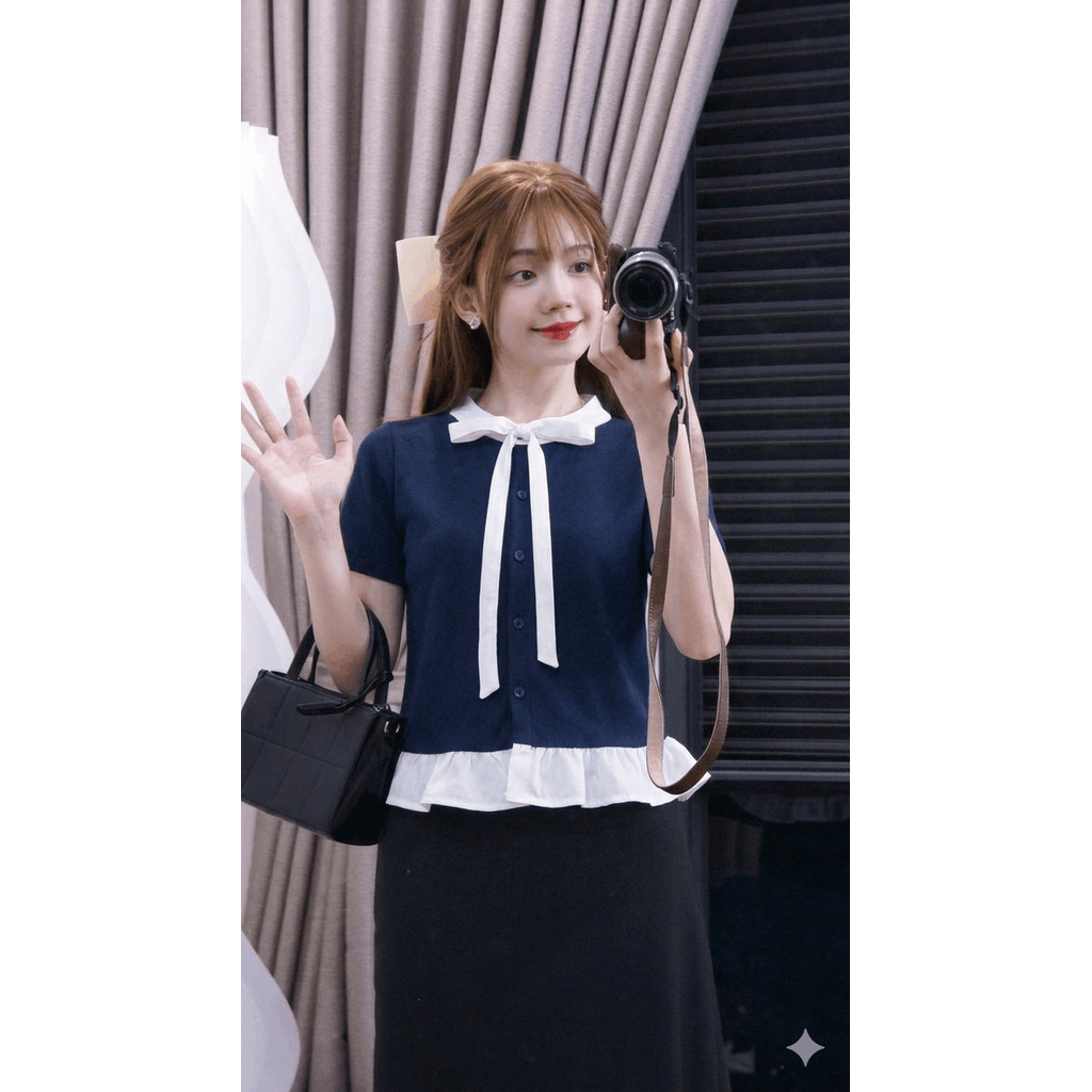 MS056 Áo sơ mi nữ cộc tay gấu bèo xinh xắn, chất liệu cotton tổ ong thoáng mát | BigBuy360 - bigbuy360.vn