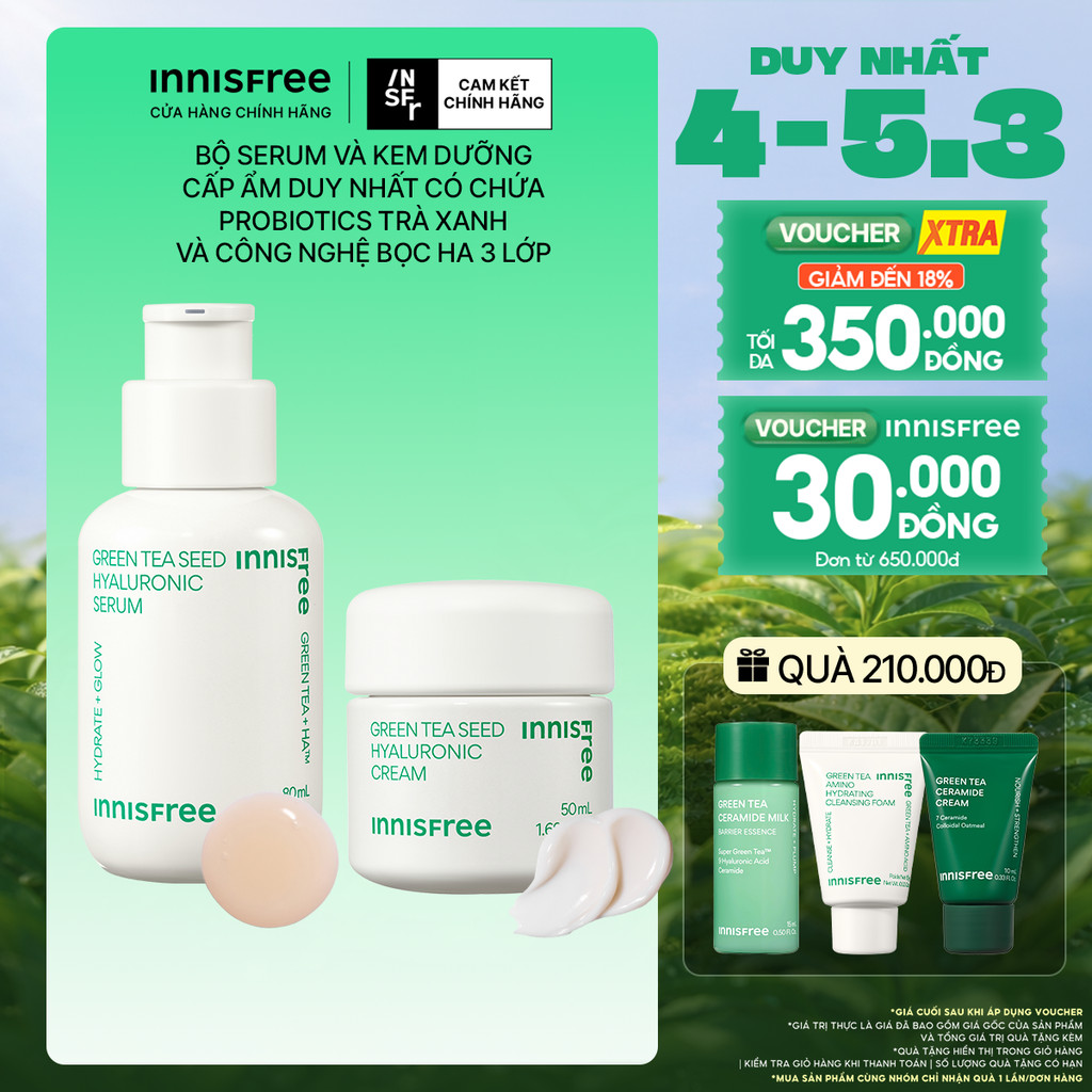 Bộ đôi Serum Trà Xanh INNISFREE cấp ẩm sâu, phục hồi da với Probiotics 80mL và Kem dưỡng ẩm trà xanh 50ml