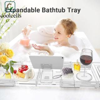 COOLCELLS Khay bồn tắm có thể mở rộng, Thảm chống trầy xước Kệ bồn tắm thoát nước chống trượt, dày có thể gập lại với giá đỡ điện thoại Chiều dài có thể điều chỉnh Bàn bồn tắm trong suốt Quà tặng
