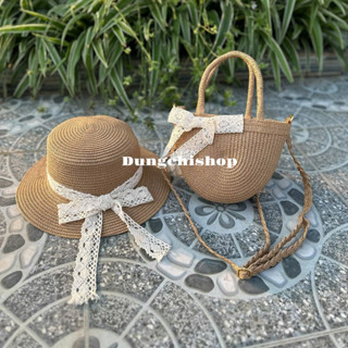 Set túi mũ cói bán nguyệt nơ ren nhỏ xinh