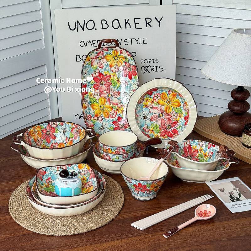 Lanting Flower Series Collection Ceramic Bowl Plate Tableware Set Rice Bowl Plate Dish LITw