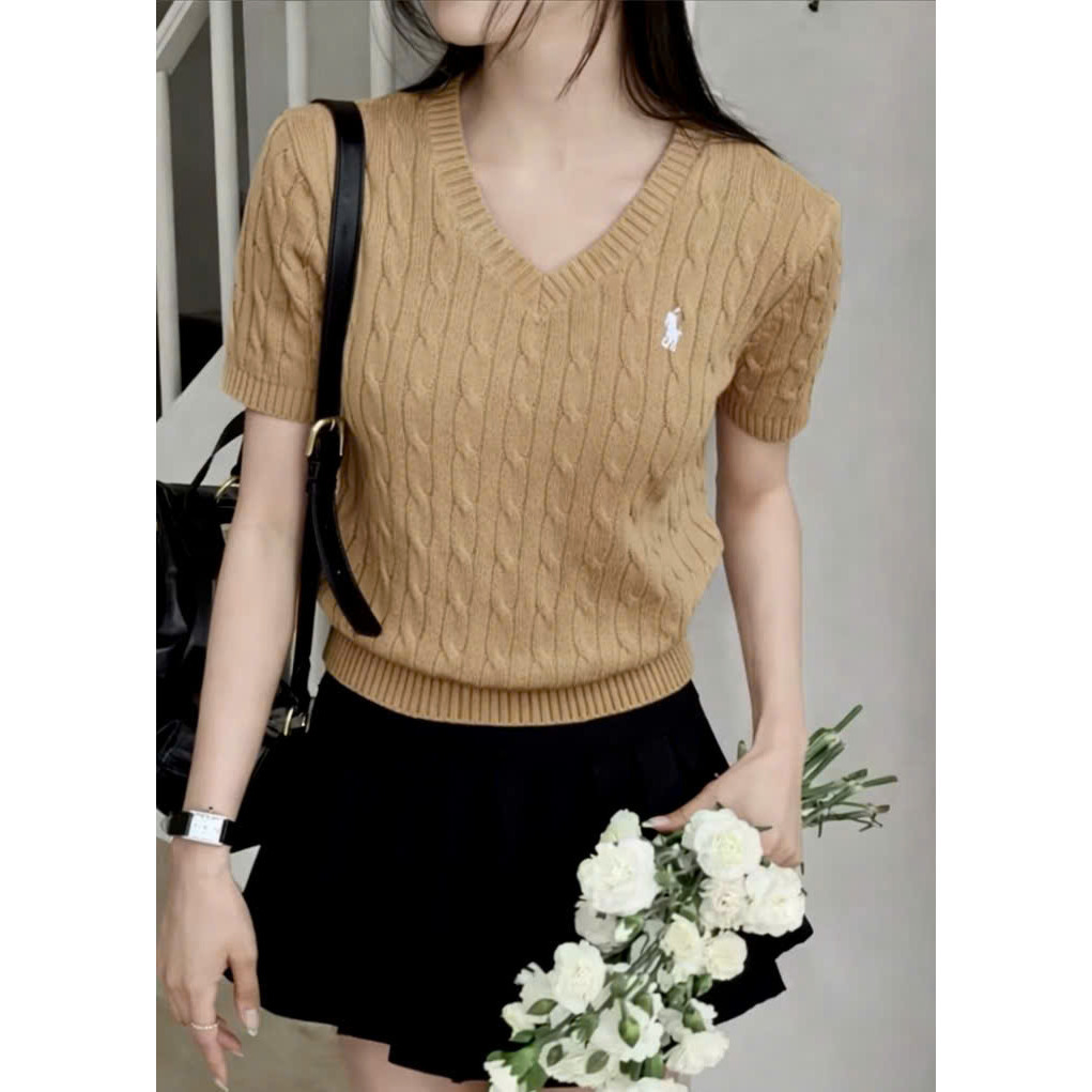 A536-Áo len thừng cộc tay cổ V màu nâu hàng nhà máy đủ tem Kho sỉ Mai Linh | BigBuy360 - bigbuy360.vn