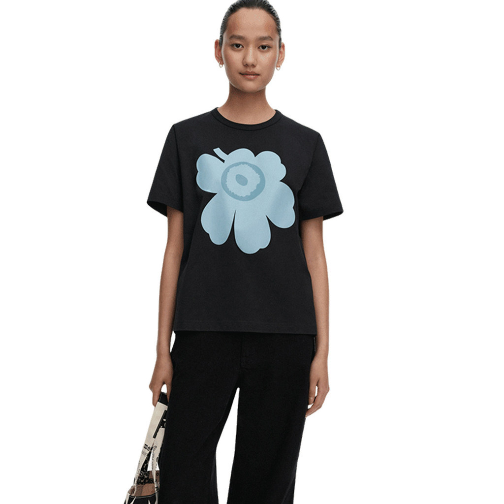 Mari * * kko xu hướng áo thun nam nữ cotton cổ tròn màu xanh hoa lớn in áo tay ngắn