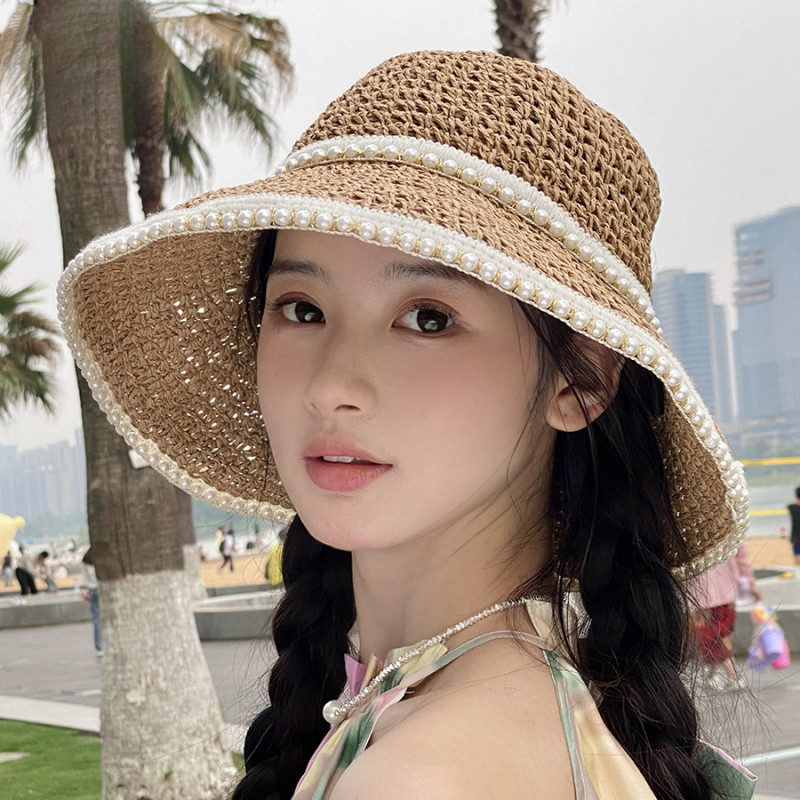 Mũ rơm vành lớn mão tay ngọc trai chống nắng mùa hè