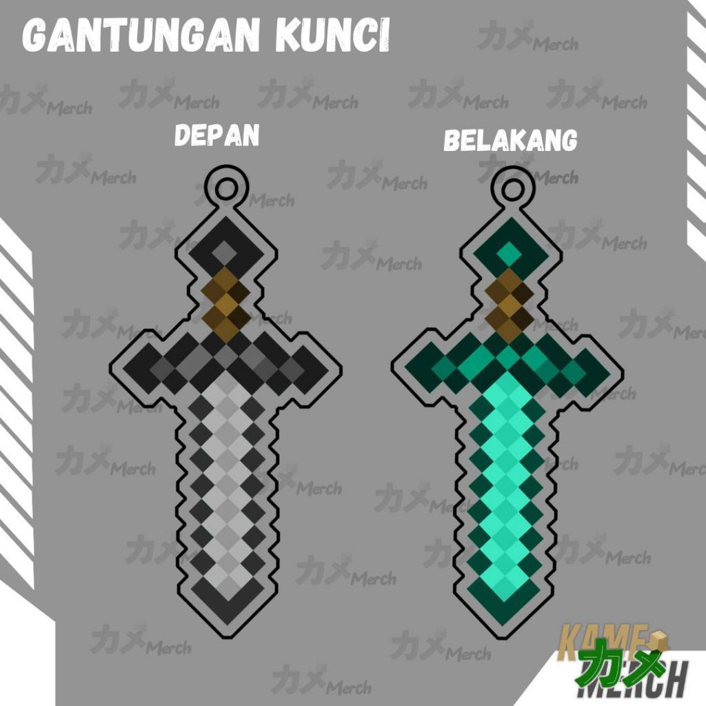 KeyChain / Gantungan Kunci / Ganci Game Minecraft Steve Sword iron dan diamon 2 sisi bolak balik