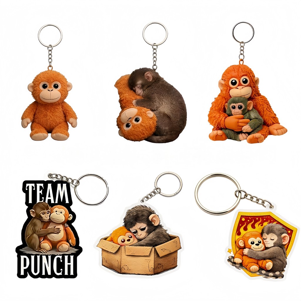 Bộ móc khóa Acrylic 6 mảnh Boxing Monkey – Thiết kế "I Love Punch" & "Protect", bùa túi dễ thương