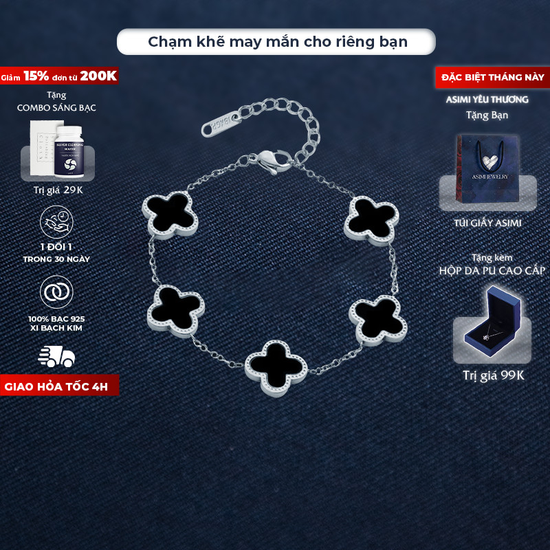 Lắc tay bạc mặt đá cỏ 4 lá Asimi, Dây chuyền bạc ta S925 bền màu xi kim đơn giản Lucky Line LT17