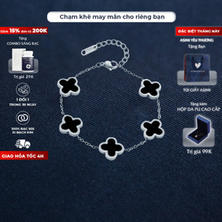 Lắc tay bạc mặt đá cỏ 4 lá Asimi, Dây chuyền bạc ta S925 bền màu xi kim đơn giản Lucky Line LT17