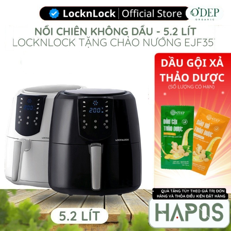 Nồi chiên không dầu điện tử 5,2L LocknLock Chính hãng, Kèm chảo nướng bánh EJF357BLK 1800W - HAPOS L