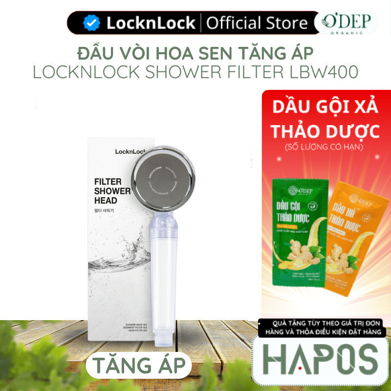 Đầu vòi hoa sen tăng áp lọc nước LocknLock Shower Filter, 2 lõi lọc bụi mịn, tạp chất, khử clo LBW40