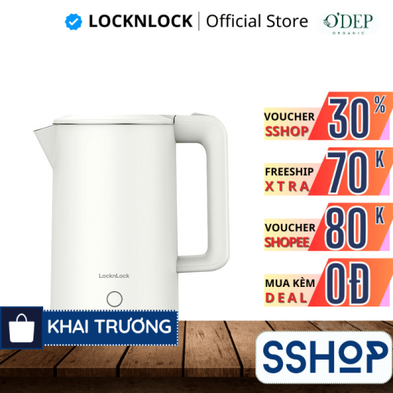 Ấm đun siêu tốc LocknLock EJK728IVY 1.7L 1850-2200W, Hàng chính hãng, Nút kéo mở nắp - SSHOP SSO