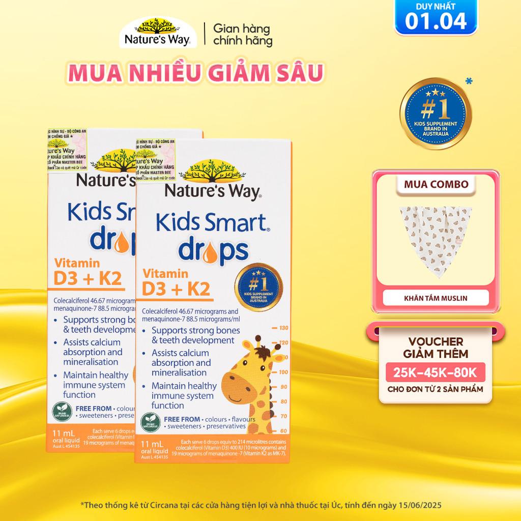 Combo 2 Vitamin D3k2 Organic Nature's Way, D3K2 Cho Trẻ Sơ Sinh Với Thành Phần Hoa Hướng Dương Organ