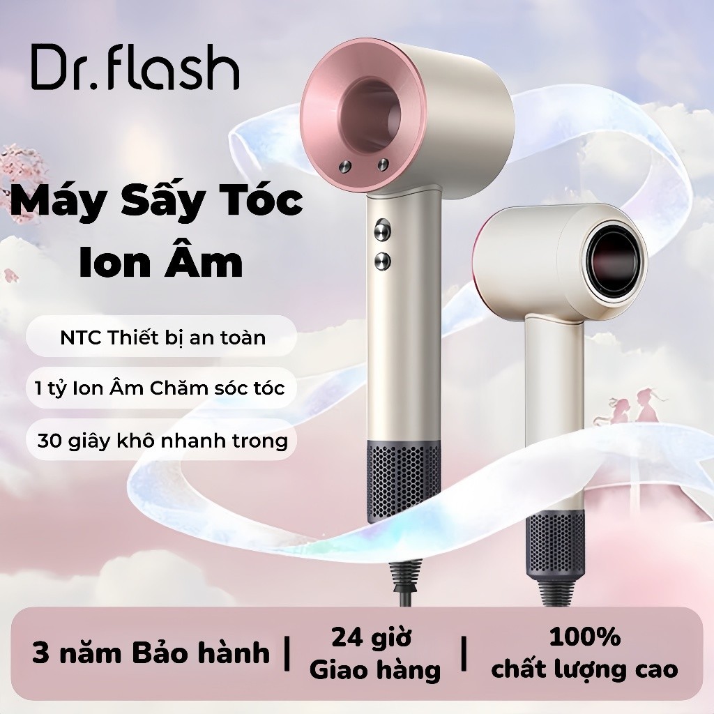 Dr Flash Máy Sấy Tóc 1 tỷ ion âm，Công suất cao, sấy khô nhanh/chăm sóc tóc - Màu hồng