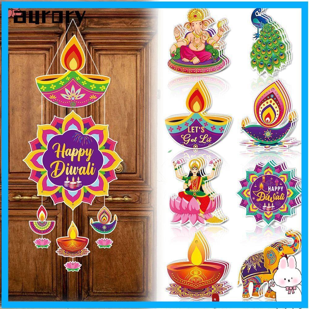 AURORY Diwali Cửa Treo Mặt Dây, Happy Diwali DIY Diwali Treo Trang Trí, Giấy Trang Trí Tường Vật Dụn