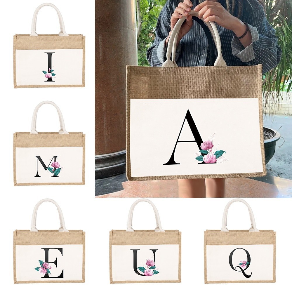 Jute Bag Handbag Sacks Linen Bags Women Shopping Bags Tote Laminated Bags Whitemarble letter