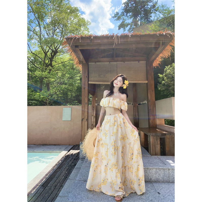 Váy phồng, vai trễ, chân váy midi hoa cao cấp cho phụ nữ mùa hè nhẹ nhàng nhẹ nhàng nữ tính