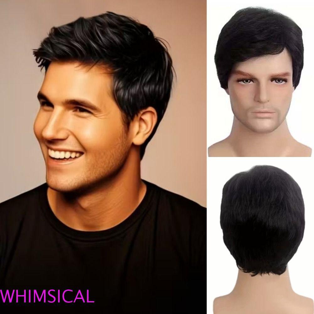 WHIMSICAL Tóc Giả Nam Lông Tơ Tự Nhiên Thẳng, Full Head Mái Skew Side Bangs, Tóc Ngắn Đen