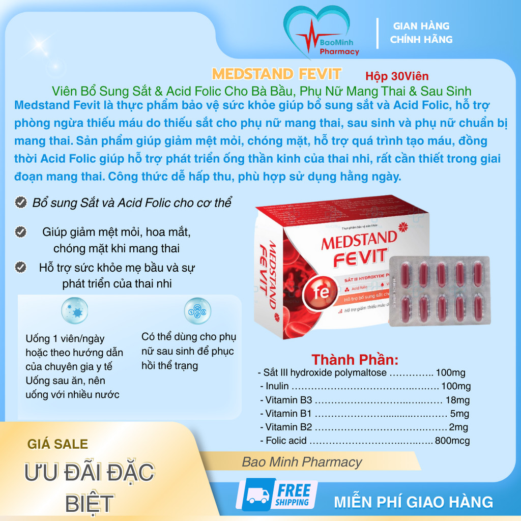 Medstand Fevit – Viên Bổ Sung Sắt & Acid Folic Cho Bà Bầu, Phụ Nữ Mang Thai & Sau Sinh (Viên Bổ Máu)