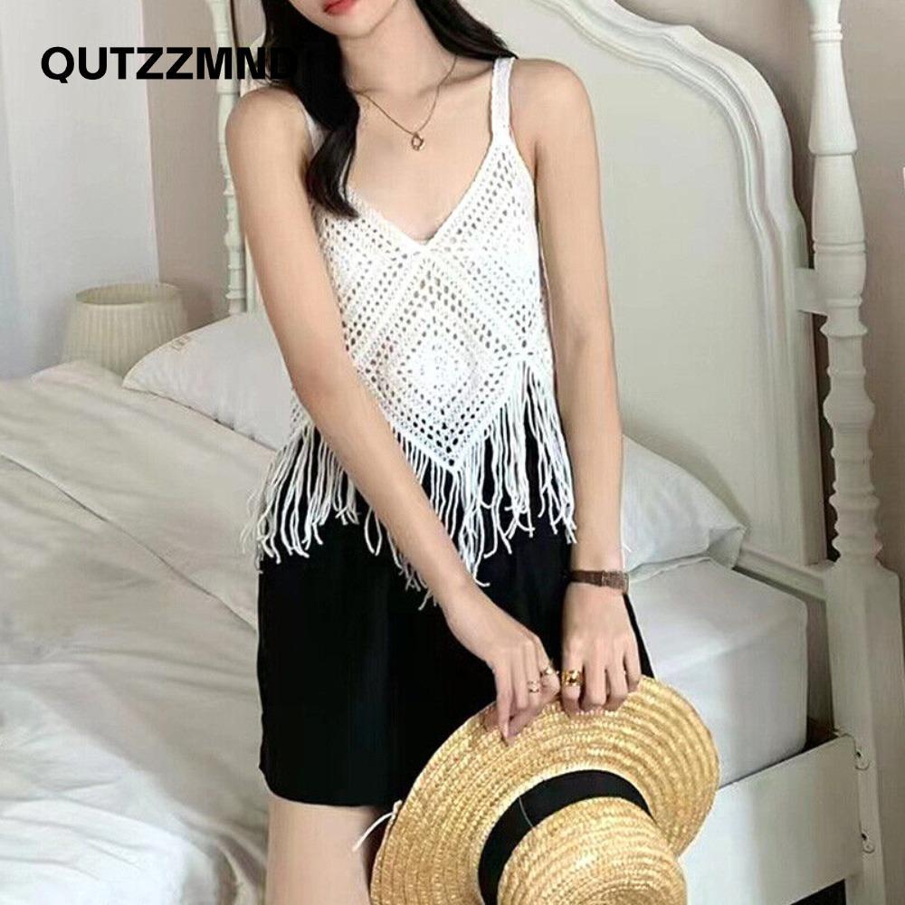 QUTZZMND Móc yếm, Áo dệt kim móc Boho, Áo Vest Cotton nhỏ đi biển