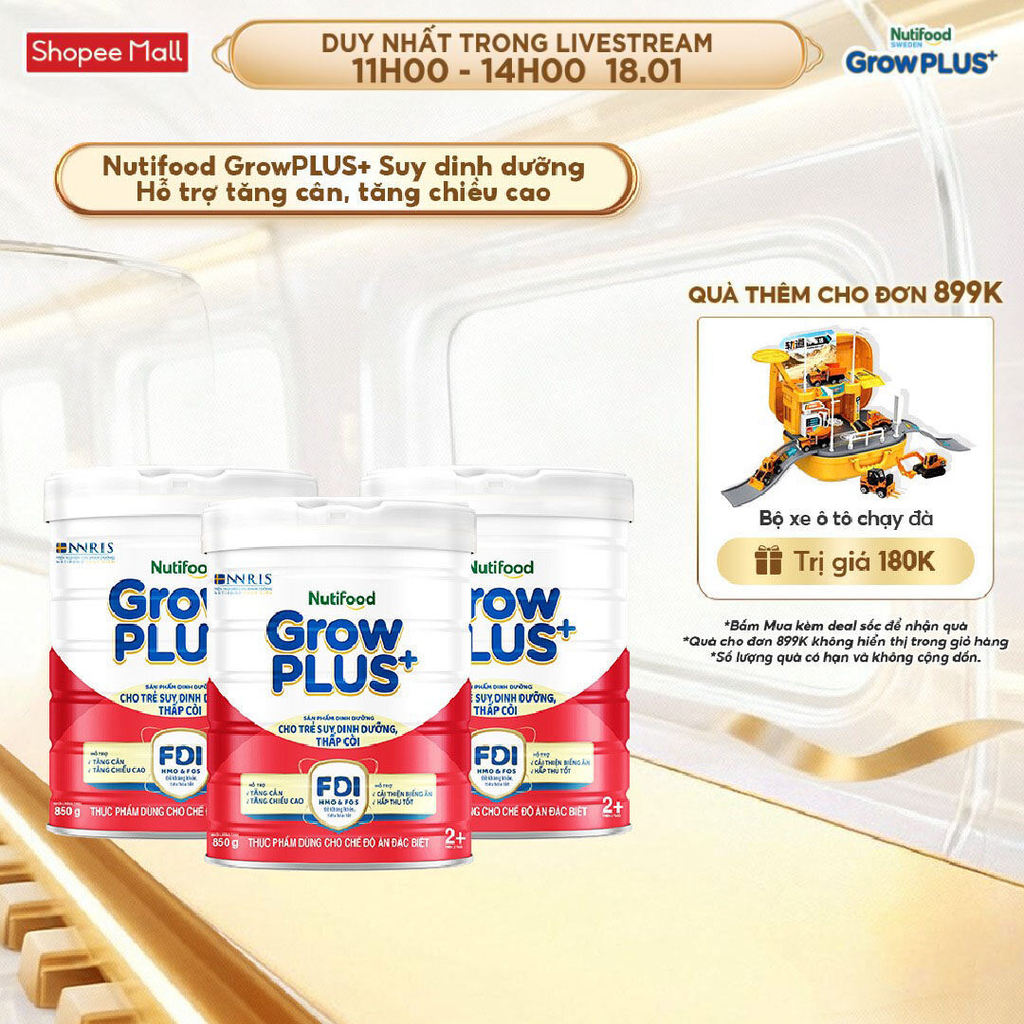 Combo 3 Sữa bột Nutifood GrowPLUS+ Đỏ (Suy Dinh Dưỡng) trên 2 tuổi (3 lon x 850g) - Grow Plus+