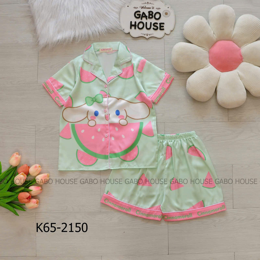 Bộ quần áo pijama lụa latin tay ngắn quần đùi cho bé gái in hoạt hình dễ thương K65 GABO HOUSE