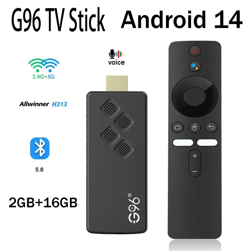 G96 TV Stick Allwinner H313 2GB 16GB 4K HD Android 14.0 BT 5.8 giọng nói từ xa WiFi kép 4G 5G Smart 
