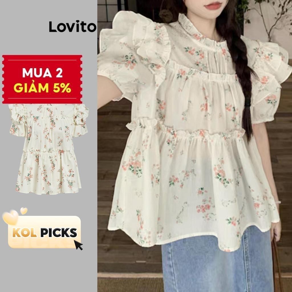 (KOL‘s pick) Lovito Áo kiểu giản dị Váy hoa kỳ nghỉ Ruched Ruffle Áo dành cho nữ LNE20173 (Nhiều màu