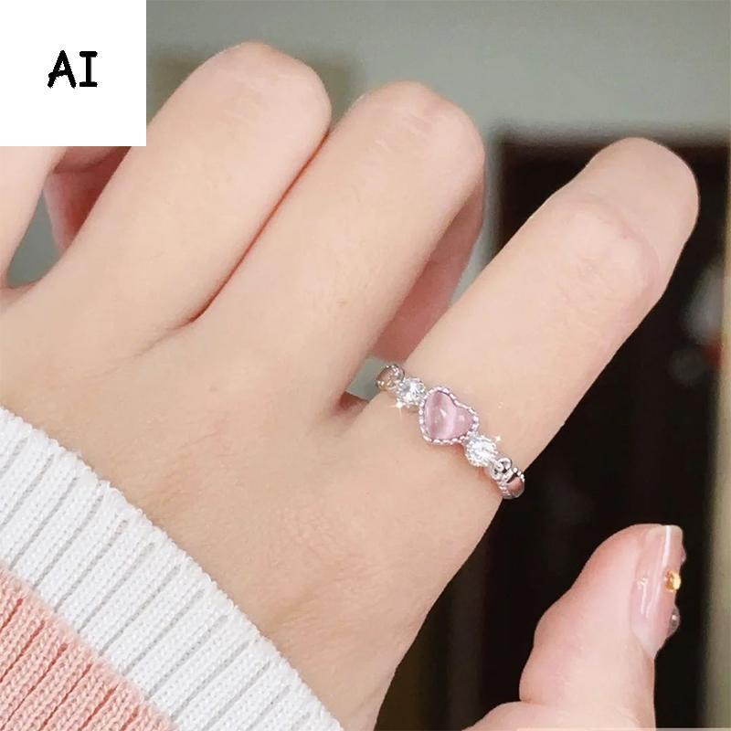 AI Bạc Màu Nhẫn Trái Tim Màu Hồng Opal Sáng Tạo Nhẫn Vintage Thẩm Mỹ Dễ Thương Punk Nhẫn Nữ Quyến Rũ