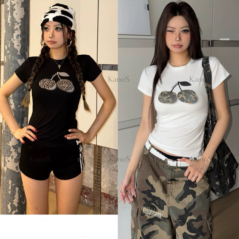 Kanos_shop | áo croptop, Hàn quốc retro đa năng Leopard cherry print áo sơ mi nữ tay ngắn