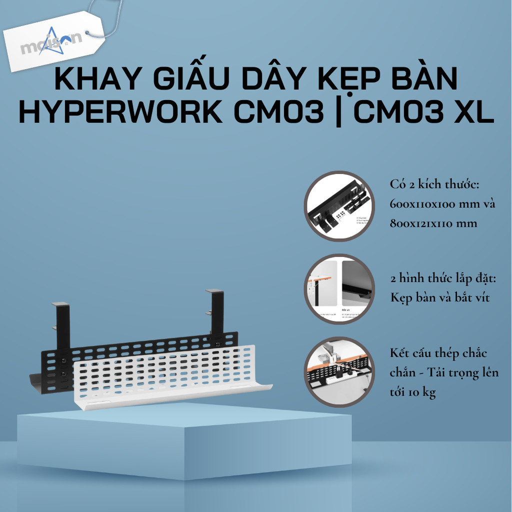 Khay đi dây HyperWork CM03 | CM03 XL | Kẹp bàn / Bắt vít - Bảo Hành 12 Tháng