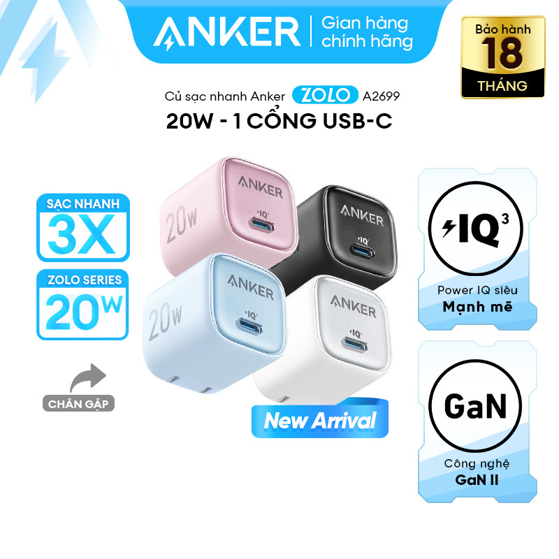 Bộ sạc du lịch Anker Zolo GaN — 20W / 30W USB-C, Power IQ 3.0, phích cắm có thể gập lại để di động —