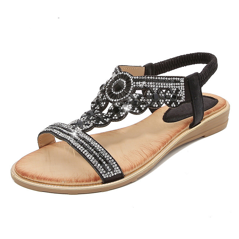 2026 Giày Sandal Bohemian Phong Cách Mới Flat Nữ Kim Cương Giả Plus Size Giày Nữ
