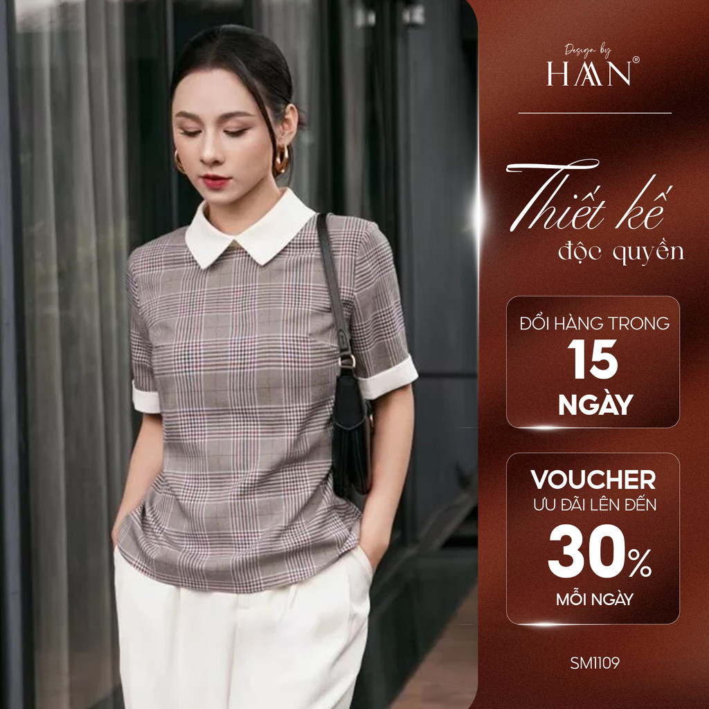 Áo Sơ Mi Kẻ Nâu Tay Ngắn Thiết Kế Cổ Bẻ Trắng HAAN Design SM1109