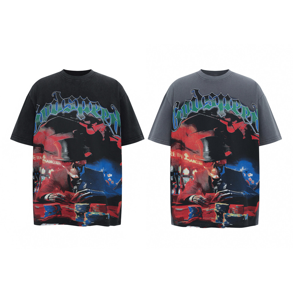 L6PM Godspeed Skull baseball graffiti print summer casual loose heavyweight short-sleeve shirt for m