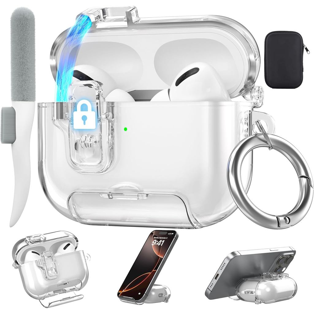 Valkit Tương thích với Vỏ Apple Airpods Pro 3 2025, Vỏ khóa tự động từ tính trong suốt có chân đế đi