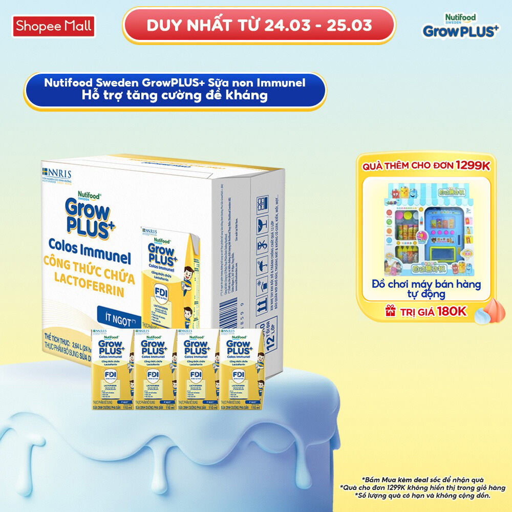 Thùng 24 hộp Sữa Bột Pha Sẵn Nutifood Sweden GrowPLUS+ Sữa Non Immunel (24 hộp x 110 ml) (Bao bì tuỳ lô hàng)